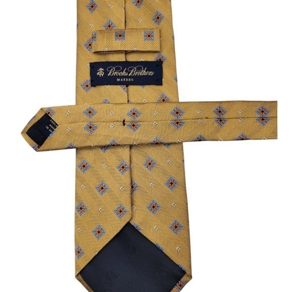Mens Brooks‎ Brothers Makers Gold and Blue Silk Tie - Picture 5 of 6
